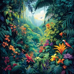 Canvas Print - Lush tropical landscape with vibrant plants and birds.