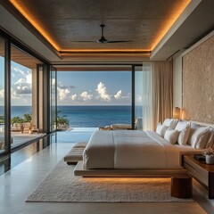 Luxurious bedroom with ocean view and modern design.