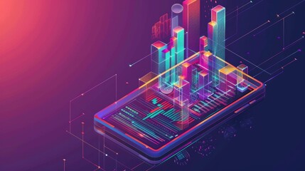 Application of Smartphone with business graph and analytics data on isometric mobile phone. Analysis trends and software development coding process concept. Programming, testing cross platform code