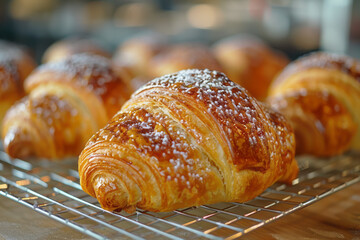 Wall Mural - A close-up of freshly baked croissants on a cooling rack,