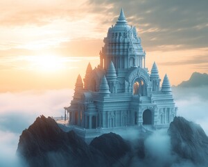 Sticker - Majestic temple on a mountain peak surrounded by clouds at sunset.