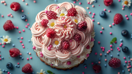 Wall Mural - A top-down view of a beautifully decorated cake with frosting swirls and edible flowers,