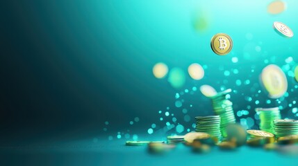 Aufkleber - Dynamic scene of digital coins and stacks of cryptocurrency, symbolizing financial growth and innovation in blockchain technology.