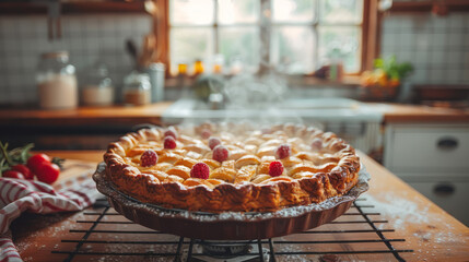 A cozy kitchen setting with a fresh pie coming out of the oven,