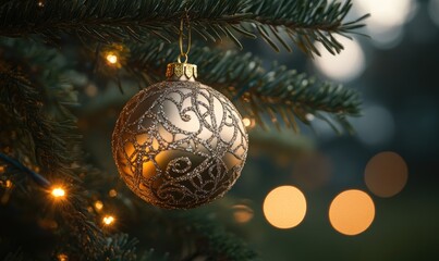 Wall Mural - A gold ornament hangs from a Christmas tree