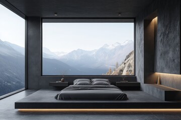 Sticker - Modern bedroom with a stunning mountain view.