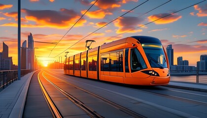 Sunrise illuminates modern orange tram on urban track amidst city buildings