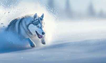 Poster - A dog is running through the snow, leaving a trail of white powder behind it