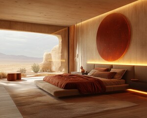 Sticker - Modern bedroom with desert view and warm color palette.