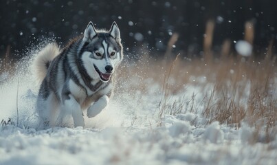 Poster - A dog is running through the snow with its tongue out