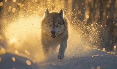 Poster - A dog is running through the snow with its paws in the air