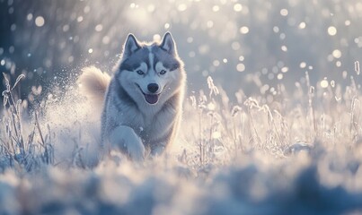 Wall Mural - A dog is running through the snow with its tongue out