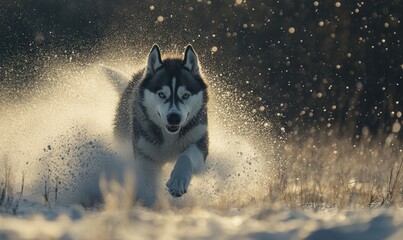 Sticker - A dog is running through the snow, leaving a trail of water behind it