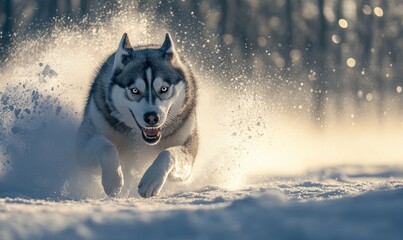 Poster - A dog is running through the snow with its mouth open