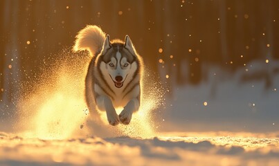 Poster - A dog is running through the snow with its tongue out