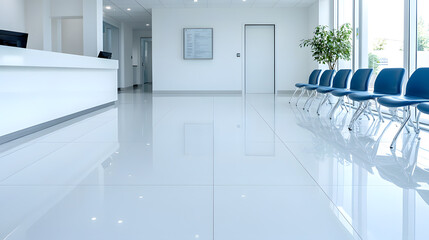 Wall Mural - Empty Waiting Area of a Modern Clinic with Blue Chairs, Clean and Contemporary Healthcare Environment