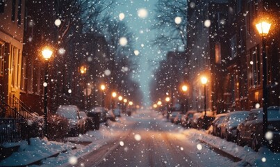 A snowy street with a few cars parked along the side