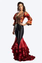 Full-body shot of a friendly female matador in traditional attire posing confidently