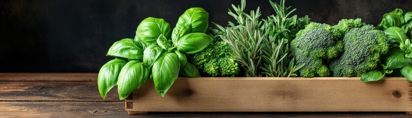 Fresh herbs and broccoli in a wooden tray, perfect for healthy cooking and vibrant dishes, adding flavor and nutrition.