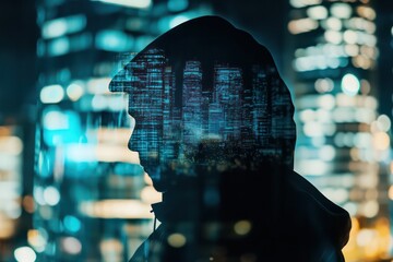 Poster - A man's face is shown in a blurry image with a city skyline in the background