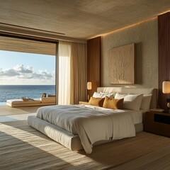 Sticker - Modern bedroom with ocean view and minimalist decor.