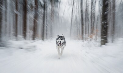 Poster - A dog is running through the snow in a forest