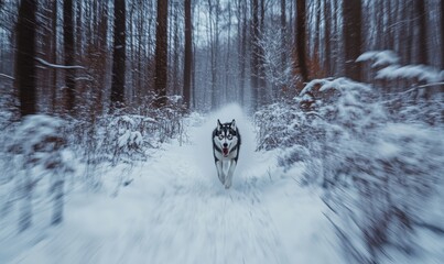 Sticker - A dog is running through the snow in a forest