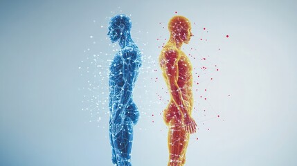 Two men are standing side by side, one is blue and the other is red