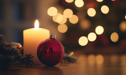 Wall Mural - A red ornament sits on a table next to a lit candle