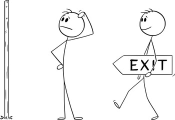 Wall Mural - Person searching or looking for exit, vector cartoon stick figure or character illustration.