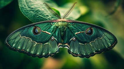 A close-up of a beautiful green moth with large, intricate wings. 