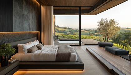 Sticker - Modern bedroom with scenic view and minimalist design.