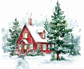 Poster - A house with a chimney and a tree with a red ribbon on it. The house is surrounded by trees and snow