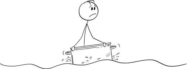 Sticker - Unhappy person floating on the kitchen pot, vector cartoon stick figure or character illustration.