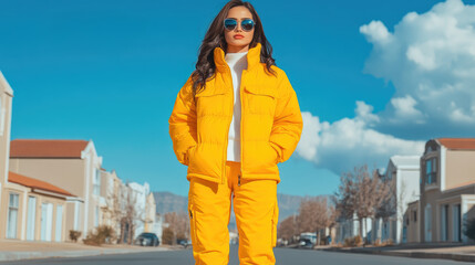 Confident woman in bright yellow winter outfit standing on a suburban street under a clear blue sky