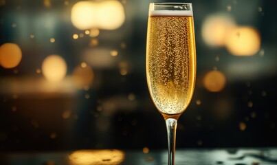 Wall Mural - A glass of champagne is sitting on a table with a blurry background