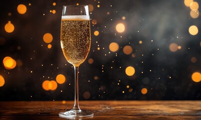 Wall Mural - A glass of champagne is sitting on a wooden table with a blurry background