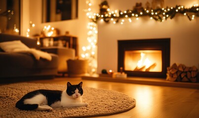 Poster - A cat is laying on a rug in front of a fireplace