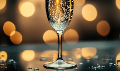 Wall Mural - A champagne glass is filled with bubbles and is sitting on a table