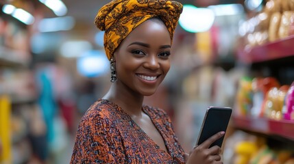 A smiling woman in a colorful dress holding a cell phone in a store