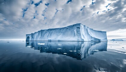 Wall Mural - Majestic iceberg drifting in tranquil Arctic waters, mirrored by the serene ocean beneath a blanket of clouds