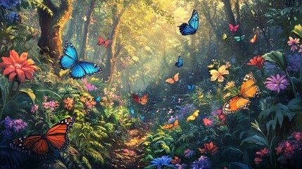 Wall Mural - A lush, colorful forest with butterflies and flowers 