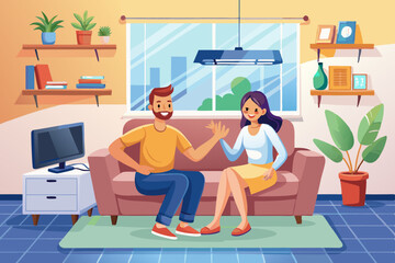 Wall Mural - Happy husband and wife resting on the couch at home and setting the temperature on their AC on the wall