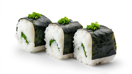 Fresh sushi rolls with seaweed and rice, garnished with green onions, showcase delightful blend of flavors and textures.