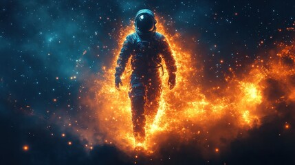 Wall Mural - Astronaut in flames against a starry background