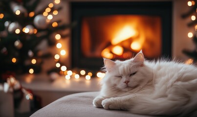 Poster - A white cat is laying on a couch in front of a fireplace