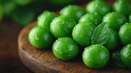 Wall Mural - Fresh Green Peas with Water Droplets on Wooden Cutting Board