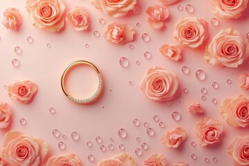 Poster - Romantic scene with pink roses and a gold ring on a soft background.