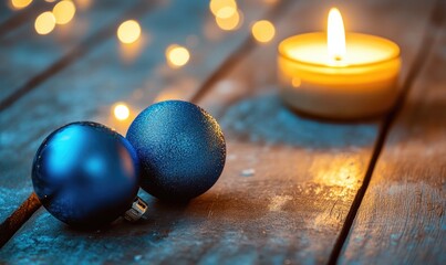 Wall Mural - A blue and white Christmas ornament sits on a wooden table next to a candle