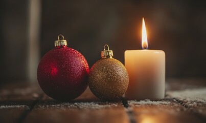 Wall Mural - Three Christmas ornaments, including a candle, are arranged on a wooden table